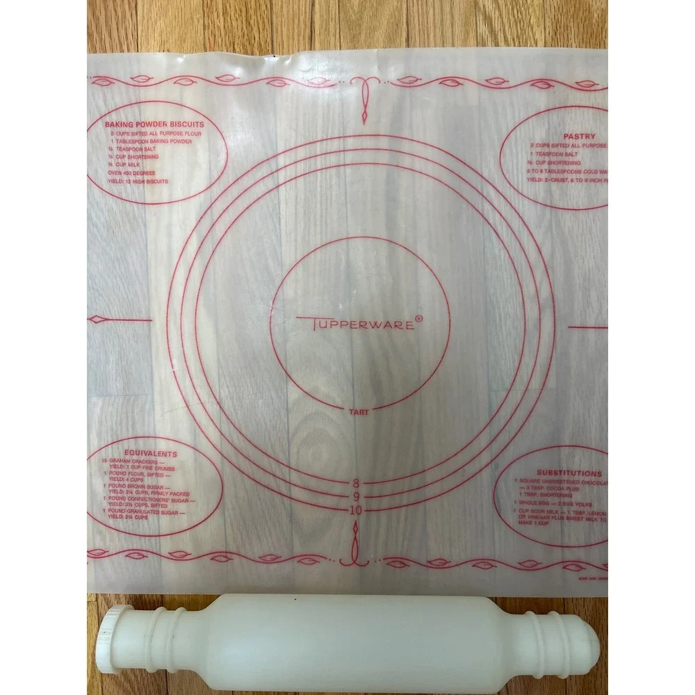 Vintage Tupperware Pastry Mat and Fillable Rolling Pin Set White Red MCM 1966